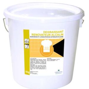 DEGRAISSANT RENOVATEUR ALCALIN est conçu pour le nettoyage du matériel en inox. Pour le dégraissage des friteuses, évacuer l’huile, remplir la friteuse d’eau chaude
