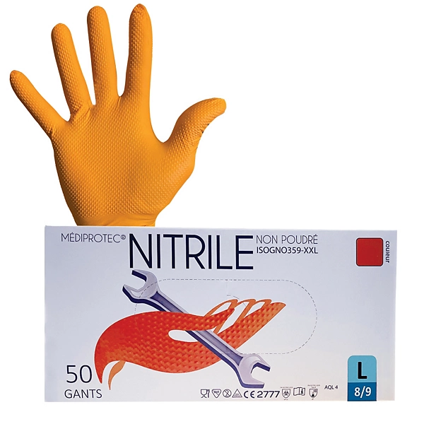Gants en nitrile orange texturés – Taille L – Haute adhérence – Lot de 50