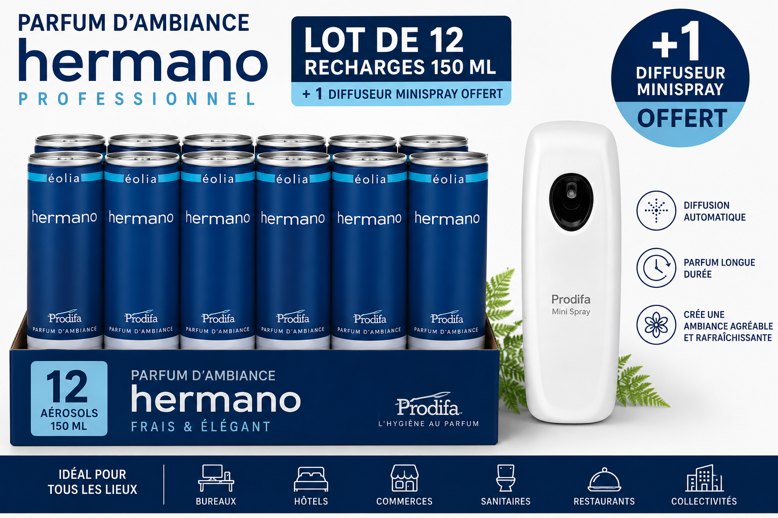 12 Aérosols Hermano Prodifa 150 ml Parfum Fougères + Diffuseur MiniSpray Offert